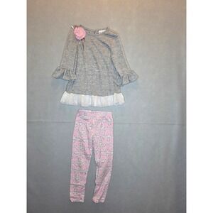 Rare Editions Girls 2Pc Set Gray Ruffle Tunic Pink Damask Leggings Size 6